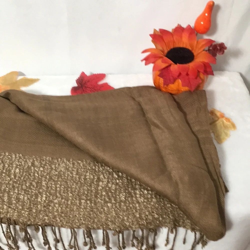 Woman’s beautiful light brown dark tan shawl scarf 100% viscose. Made in India